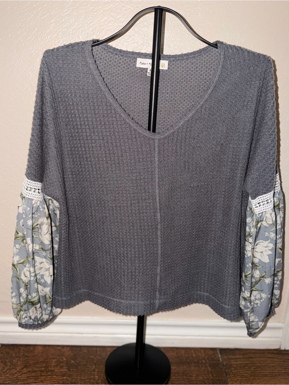 Charcoal Waffle V-Neck Top with Floral Balloon Sleeves